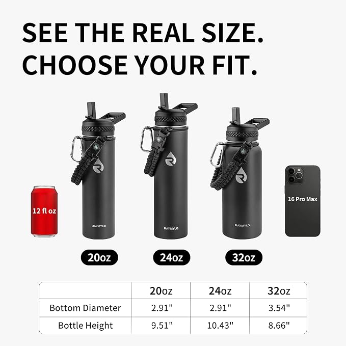 RAYMYLO Insulated Water Bottle 32 oz, Triple Wall Vacuum Stainless Steel | (Cold for 24Hrs, Hot for 12Hrs), Leak Proof & Non-BPA, Modern Water Flask Jug with Paracord Handle & Straw Spout Lids