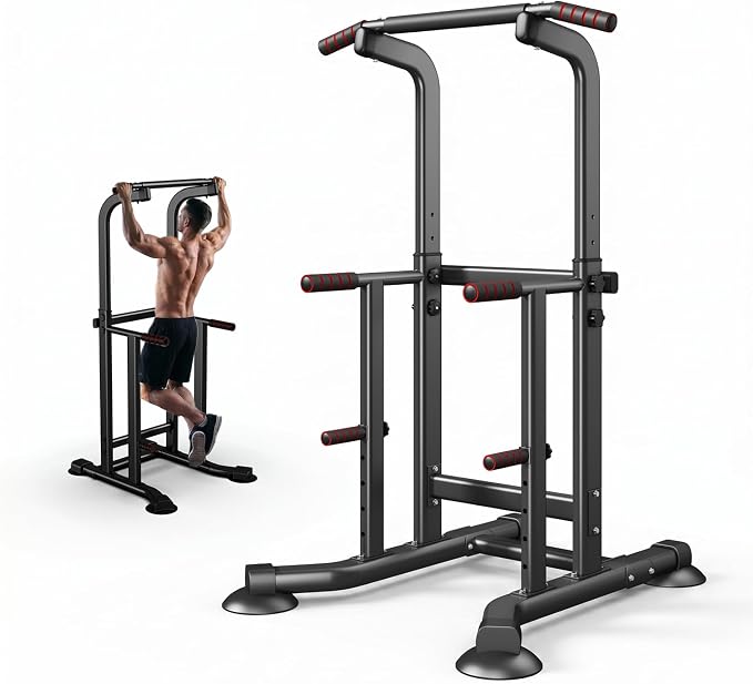 YYJO Foldable Pull Up Bar Free Standing Multi-function Power Tower Dip Bar with Assistance Bands Home Gym Strength Training Equipment