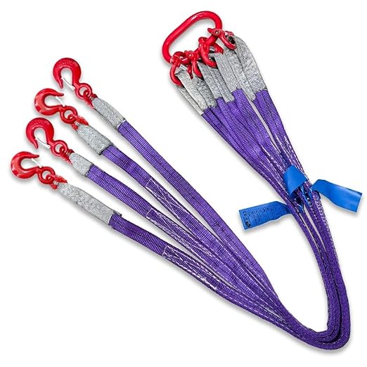 Four Leg Bridle Web Sling 5ft 6600lbs Lifting Slings with G80 Alloy Steel Grab Hooks and Adjuster Polyester Webbing Purple Rigging Straps for Safe Towing and Handling of Cargo