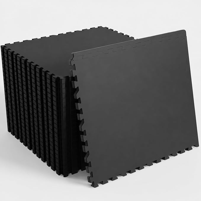 96 Sq Ft Rubber Top Gym Flooring for Home Gym, Black | 24 Tiles, High Density EVA Foam, Waterproof & Non-Slip Rubber, 0.4" Interlocking Puzzle Mats, Floor Protection, 24"x24"