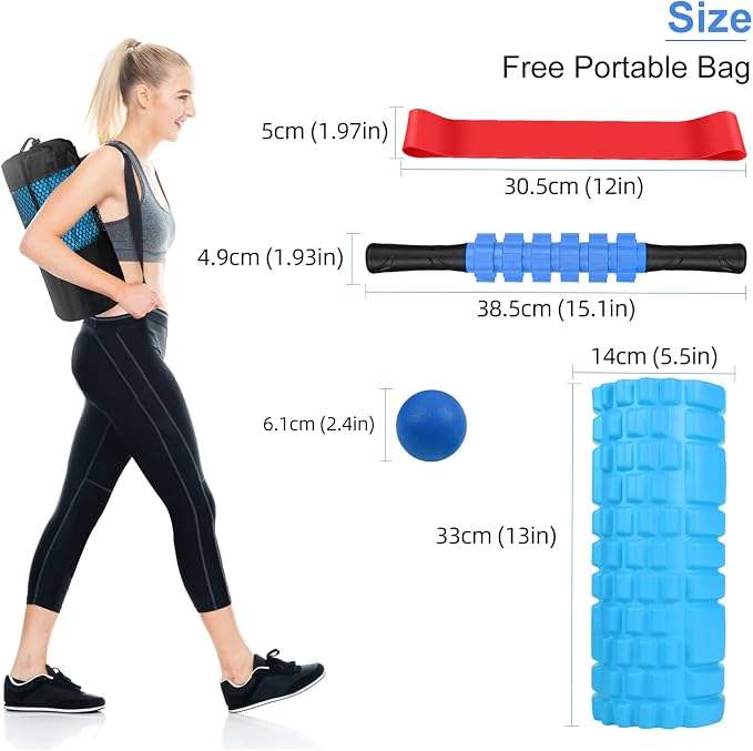 Aucuu 5 in 1 Foam Roller Set Includes Hollow Core Massage Roller, Yoga Stick, Massage Ball, Fitness Stretching Strap, Massage Roller, Carrying Bag, Towel (Blue)