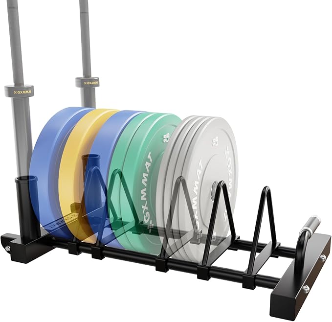 GXMMAT Horizontal Olympic Weight Plate Rack | 330lbs Capacity Powder-Coated Steel Frame | 4 Plate Storage Slots + 2 Barbell Holders | Adjustable Slot Spacing | Includes Wheels & Non-Slip Handles