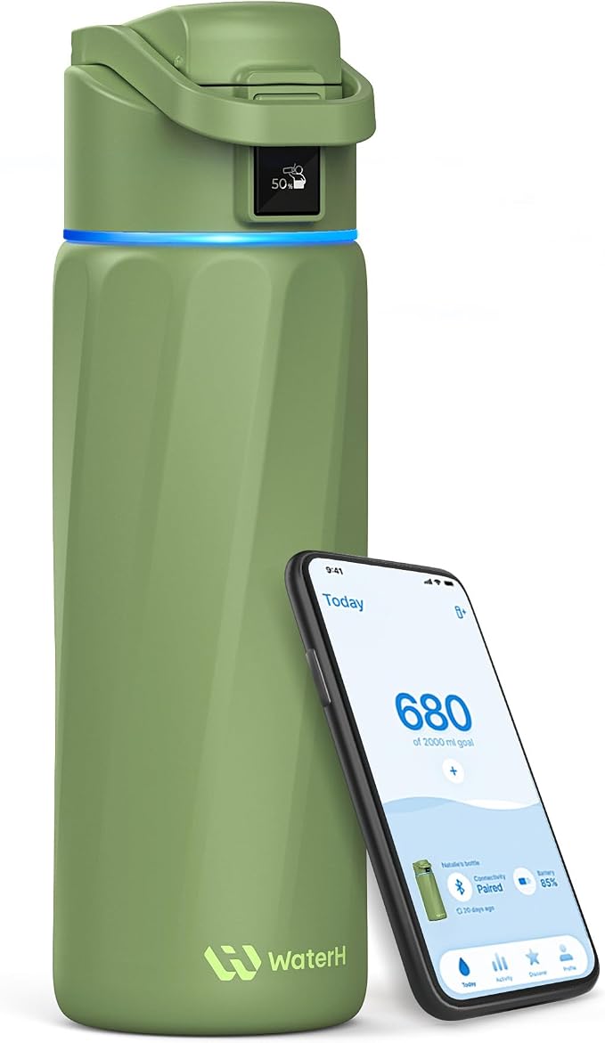 WaterH BOOST Smart Water Bottle Tracker with Reminder to Drink Water, 24oz | BPA-Free Double Wall Vacuum Insulated Stainless Steel, Leakproof, Smart App Tracking, Fits Cup Holders, Wide Mouth for School