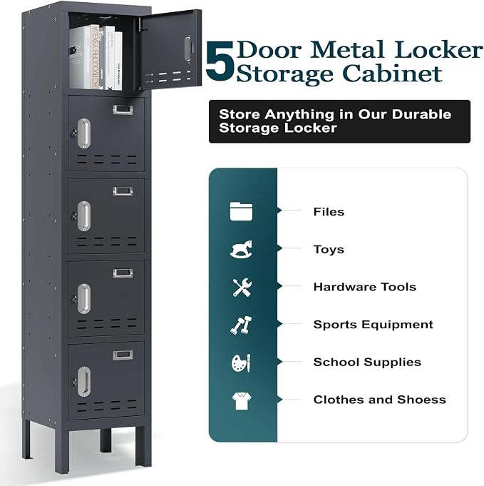 BUTISOW Metal Storage Locker with Lock & Card Slot Locker - Secure Lockable Door - Steel Locker for School, Office, Gym, Home - 66.15" H x 11.8" W x 11.8" (5 Door, Grey)