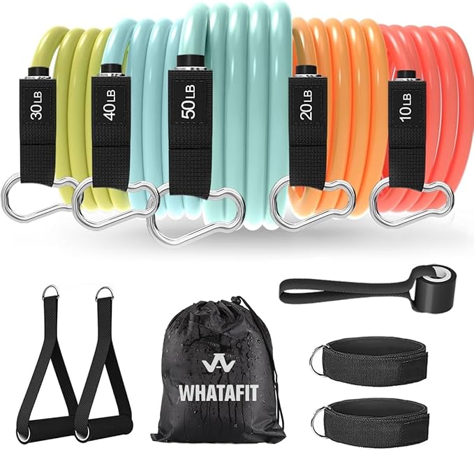 WHATAFIT Resistance Bands with Handles, 5-Level Exercise Bands for Workout | Natural latex,10-50 lbs, stackable to 150,Ankle Straps, Door Anchor,Guide. For Strength, Yoga,Home Gym,Travel & Workout.