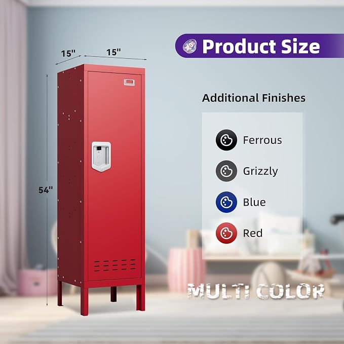BUTISOW Metal Storage Locker with Lock & Card Slot Locker - Secure Lockable Door - Steel Locker for School, Office, Gym, Home - 54" H x 15" W x 15" D（1 Door, Red）