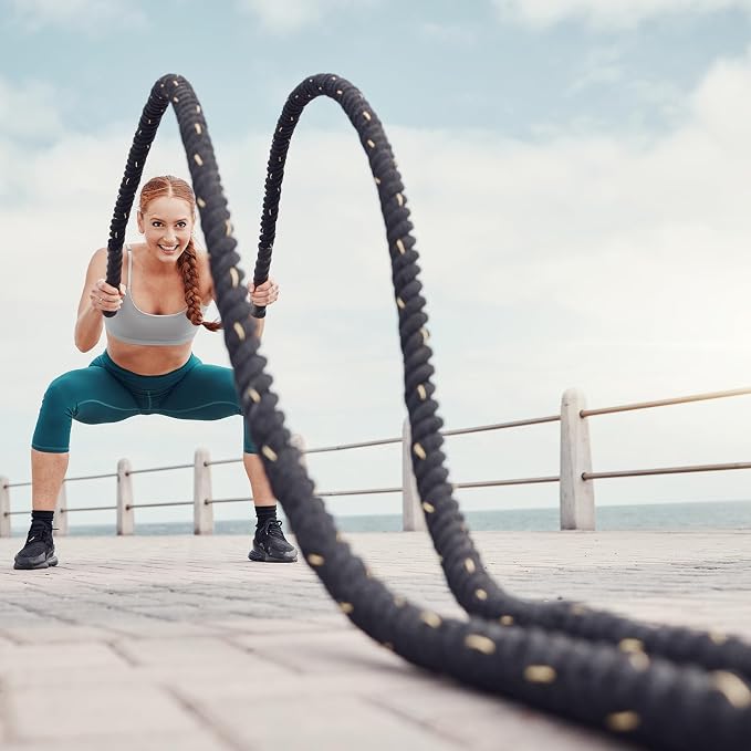 MECCANIXITY Battle Rope 10ft x 1 Inch Polyester Workout Rope Heavy Fitness Exercise Rope for Strength Training Home Gym Muscle Building, Black