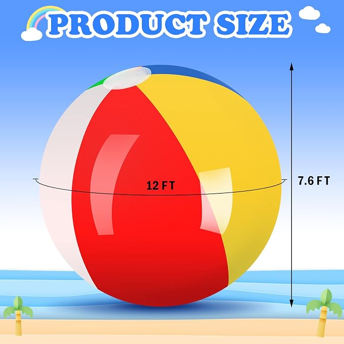 12 Foot Giant Inflatable Beach Ball, Large Beach Ball for Swimming Pool | Jumbo 12 ft Large Inflatable Beach Ball Pool Toy, Rainbow Colors for Swimming Pool Water Game, Kids Adults Outdoor Fun