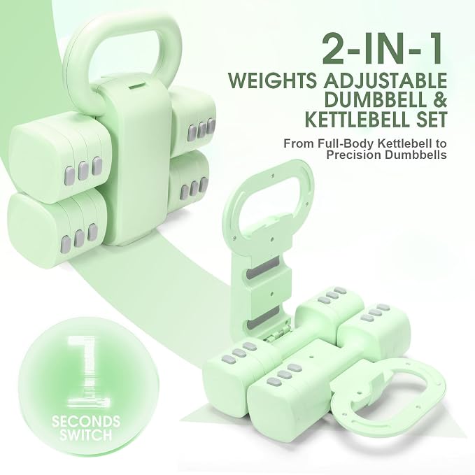 Adjustable 2-in-1 Convertible Kettlebell & Dumbbells Set, 4 in 1 Free Weights Dumbbell Set of 2, Each 2.2 3.3 4.4 5.5lb Quick Change Women Dumbbell Set for Home Exercise Training