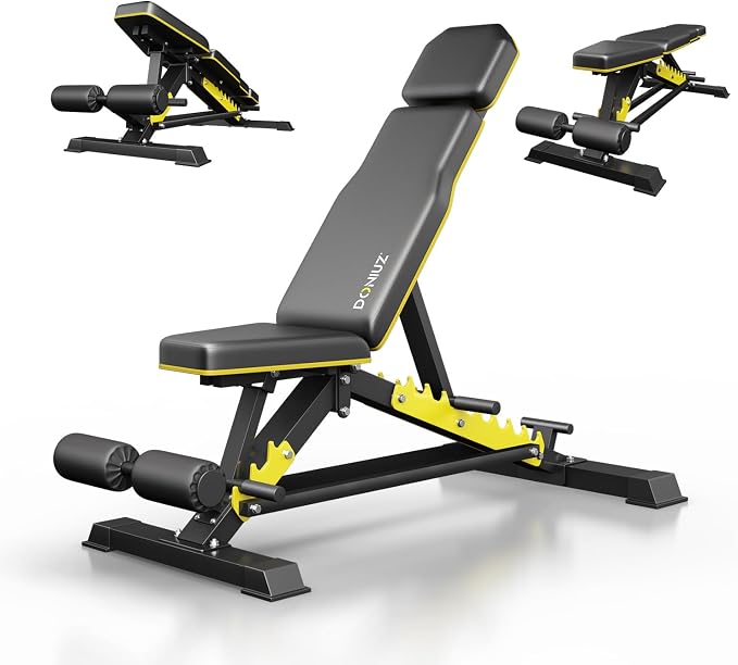DONIUZ Adjustable Weight Bench for Home Gym, 1200LB Heavy Duty Commercial Workout Bench, Multi-Position Incline Decline Flat FID Bench Press with Headrest & Leg Rollers for Full Body Strength Training