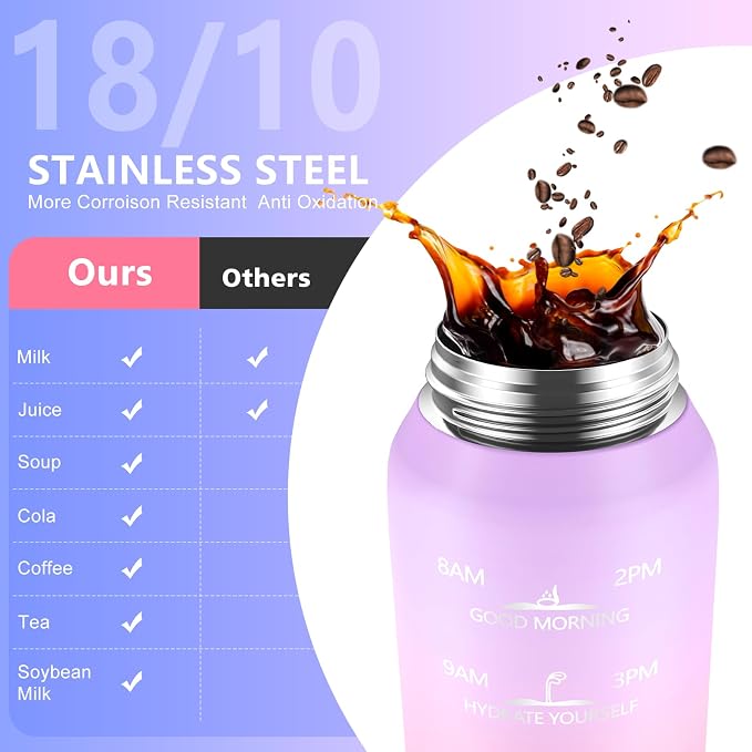 SLUXKE Stainless Steel Insulated Water Bottles 17oz with Handle, Double Wall Insulated Bottle with Time Marker BPA Free, 500ml Metal Water Flask for Outdoor Working School PURPLE PINK
