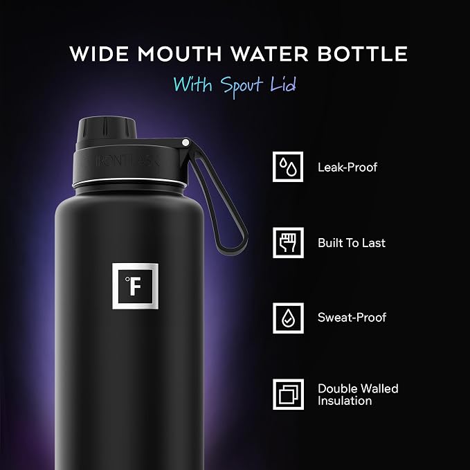 IRON °FLASK 40 oz Wide Mouth Water Bottle with Spout | Insulated Stainless Steel Sports Water Bottle with Leakproof Spout Lid - BPA Free, Cold 24 Hrs, Sweat Free (Black Marquina)