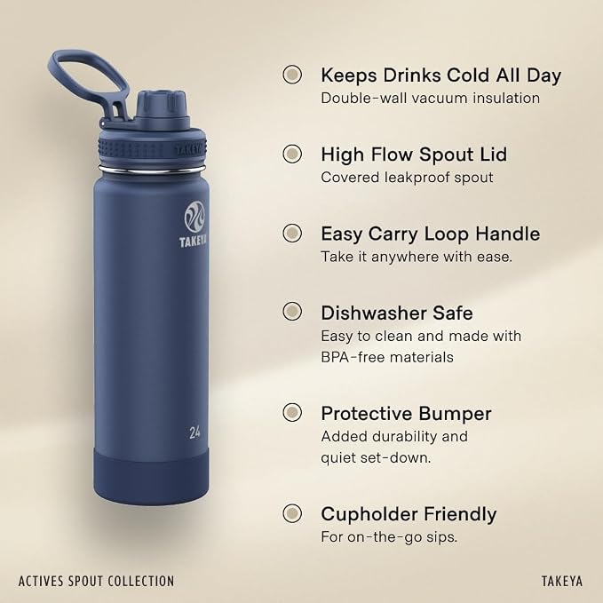 Takeya Actives Stainless Steel Water Bottle, Insulated Spout Lid, Keeps Drinks Cold 24 Hrs, Leakproof, Durable, Dishwasher Safe, Ideal for Gym, Travel, Fits Most Cup Holders, 22 oz/Bluestone