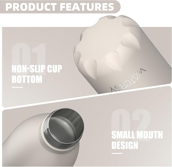 WATERSY Stainless Steel water bottles,17oz/500ml Insulated Water Bottle | Ivory Beige metal water bottle Keeps Drink Cold and Hot,BPA Free kids water bottles for School,Gym,Travel,Sports
