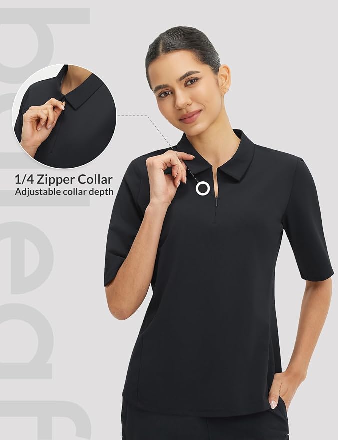baleaf Womens Golf Shirts Half Sleeve Elbow Length Polo Tops | Stretch, Sun Protection UPF 50+, Quick Dry, Breathable, Moisture Wicking, Quarter Zip V Neck, Ideal for Golf Work Casual