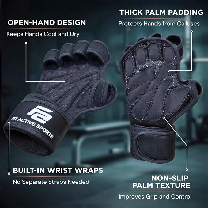 Fit Active Sports New Ventilated Weight Lifting Workout Gloves with Built-in Wrist Wraps for Men and Women - Great for Gym Fitness, Cross Training, Hand Support & Weightlifting.