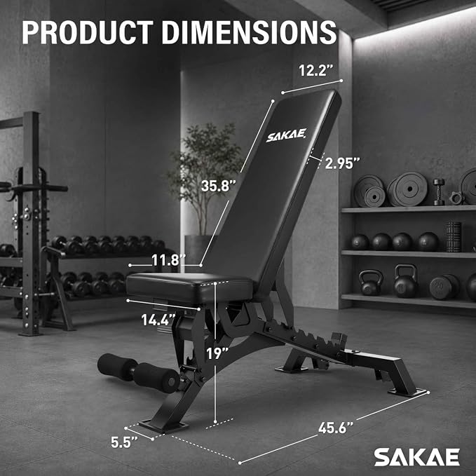 SAKAE Adjustable Weight Bench, 85° to -13° Incline, Decline & Flat Workout Bench for Home Gym, 1000LB Capacity with 9 Backrest Positions, Multi-Position Adjustability Gym Bench for Full Body Workout