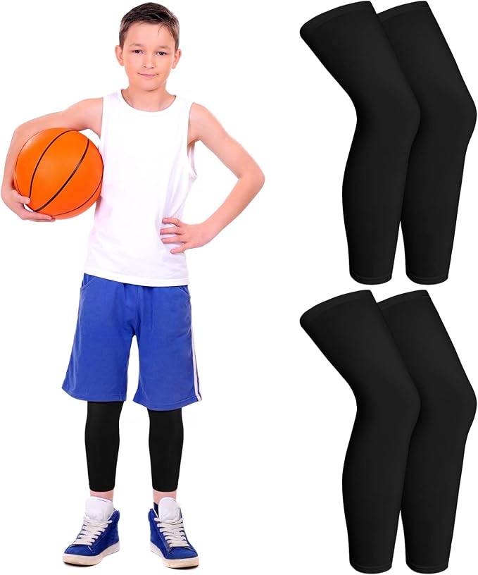 Geyoga 2 Pairs Kids Long Compression Leg Sleeves Long Knee Sleeves UV Protection for Boy Girl Youth Basketball Running Sport