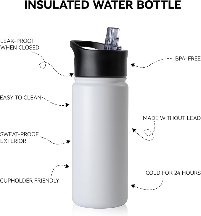 16 oz Insulated Water Bottle for School, Straw & Spout Lid, Keep Cold 24H, Spill Proof, BPA-Free, Double Wall Stainless Steel Kids Water Bottles for Sports, Gym, Travel, White