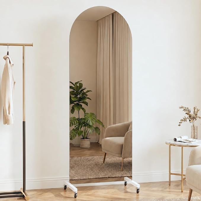 70” x 22” Arched Full Length Floor Mirror, Lockable Wheels for Easy Moving & No Wobble, Shatter‑Resistant Glass for Worry‑Free Practice, Ideal for Home Dance, Yoga & Gym, White Metal Frame