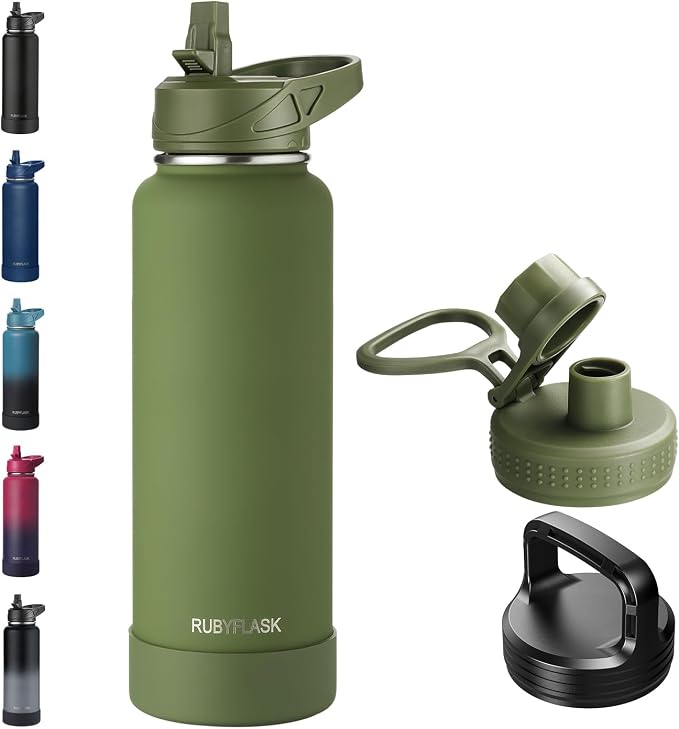 RUBYFLASK 40 oz Insulated Stainless Steel Water Bottle with Straw | 3 Lids, Wide Mouth, Metal Vacuum Leakproof Water Jug Flask and Handle, Large Thermal Cup with Silicone Boot, Armygreen