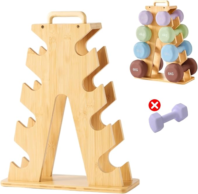 Wooden Dumbbell Rack for Home Gym Storage – Space-Saving A-Frame Stand for Organizing 8–15lb Weights, Protects Dumbbells from Scratches, Compact & Stylish Workout Storage (Rack Only)