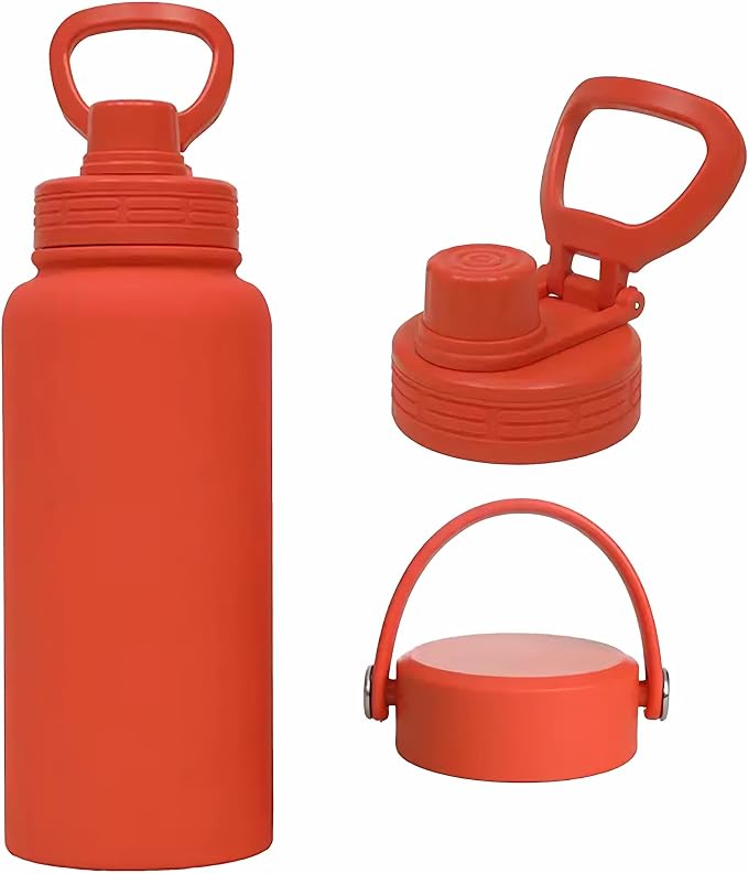Orange Insulated 32 oz Metal Leakproof Water Bottle | Mens Stainless Steel Water Flask, Large Sports Travel Water Bottle for Gym,Hiking,1 liters Thermal Bottle with 2 Lids