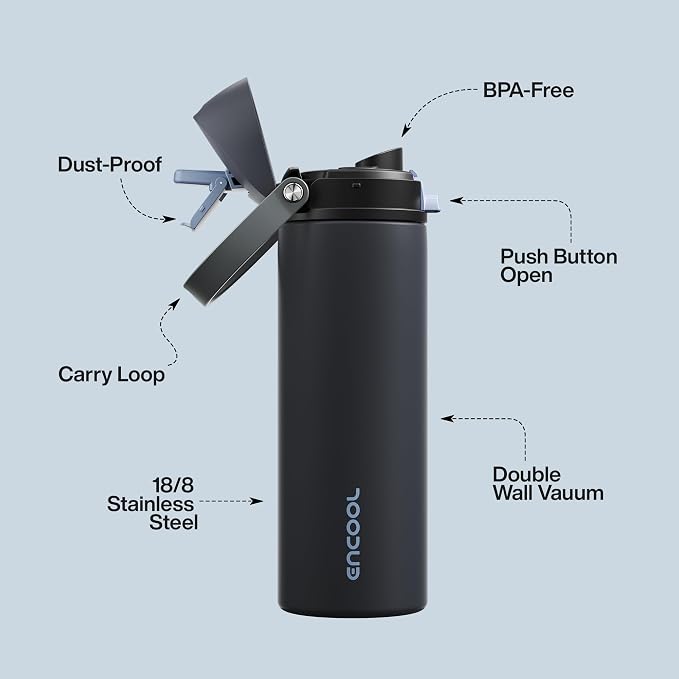 Insulated Water Bottle with Straw - Encool Stainless Steel Water Bottle with Push Button Lid, Leak-Proof & BPA-Free, Keeps Cold for 24 Hours for Sports, Travel, Gym (24 oz, Tuna Grey-Silver)