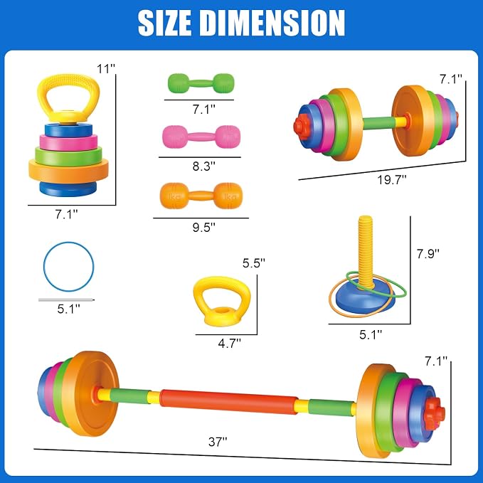 Kids Exercise Weight Set, Barbell and Dumbbell Workout Equipment, Toddler Beginner Gym Toy for Pretend Play Lifting Exercise & Fitness, Adjustable Fill with Sand or Water