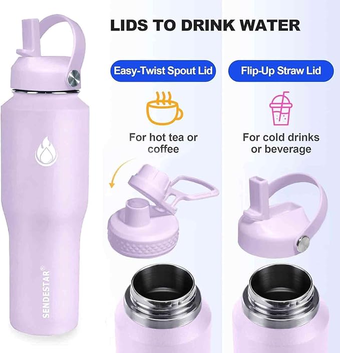 SENDESTAR 32oz Water Bottle Wide Mouth Stainless Steel Vacuum Insulated Double Wall with 2 Straw Lids Fit in Any Car Cup Holder