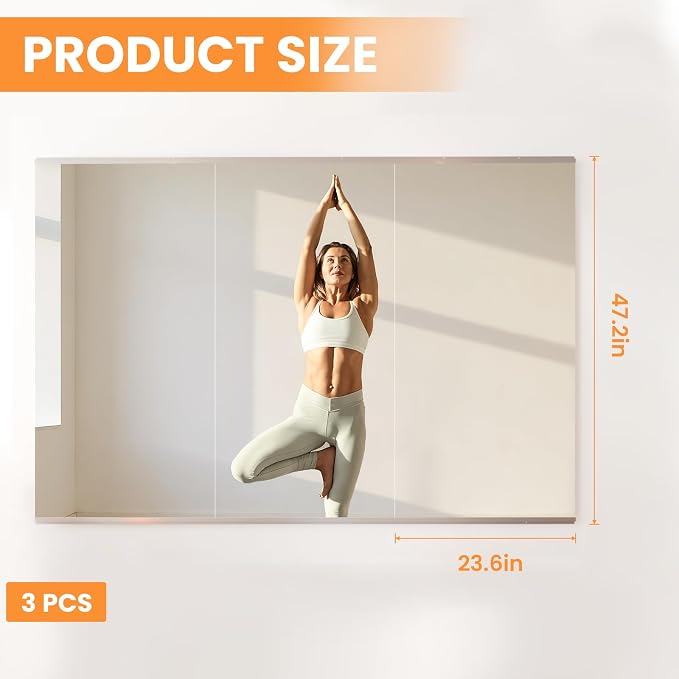Peegel 48''x24''(3PCS) Large Home Gym Mirror | Frameless Tempered Glass Workout Mirrors for Home Gym Wall,Yoga,Garage,Dance