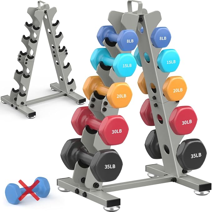 TomCare 6-Tier|5-Tier|4-Tier|2-Tier Dumbbell Rack Stand Only for Home Gym | Stable A-Frame, Fits 5–35 lb Dumbbells, Protective Padded Cradles, Adjustable Feet, Easy-Carry Handle (Stand Only)