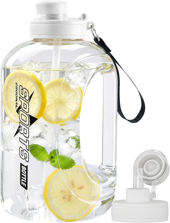 Doseno Gallon Water Bottle, 95 oz Sports Water Jug With Straw and Strap | White 2.8 L large water bottle has a measuring scale and portable handle for daily drinking, gym sessions and outdoor use.