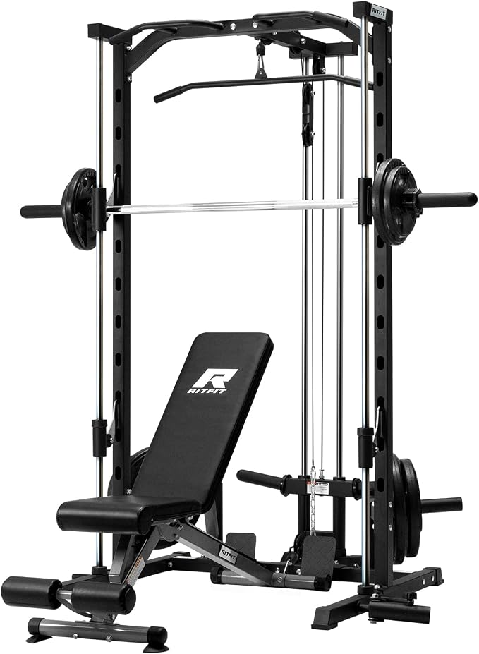 RitFit Smith Machine Power Rack with LAT-Pull Down System | Half Smith Machine with Landmine, Barbell Bar, Plate Storage Pegs and More Training Attachment