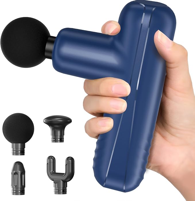 Mini Massage Gun, Powerful Handheld Muscle Massager for Muscle Relaxation, Deep Tissue Percussion Small Massage Gun Travel Massager with 4 Massage Heads Silent Brushless Motor, Blue