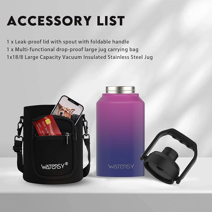 WATERSY 2/3 Gallon Water Bottle Insulated(Cold for 48 Hrs),BPA Free&Leak Proof,87oz Stainless Steel Water Jug/Flask,Big thermo,Large Water Bottle with Handle for Gym,Hiking,Camping,Gradient Purple