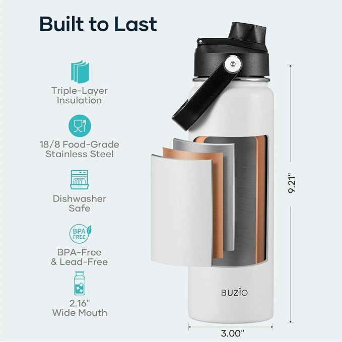 BUZIO 24 oz Insulated Stainless Steel Water Bottle with Straw & Spout Lids | Triple Wall Insulated Tumbler (Dishwasher Safe) ,Cold for 48 Hrs, Wide Mouth, Leakproof, BPA-Free, for Sports, Gym, School