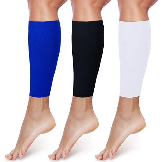 3 Pairs Calf Compression Sleeves for Men And Women Football Leg Sleeve Footless Compression Sock for Running Athlete Cycling (Black, White, Blue, Large)