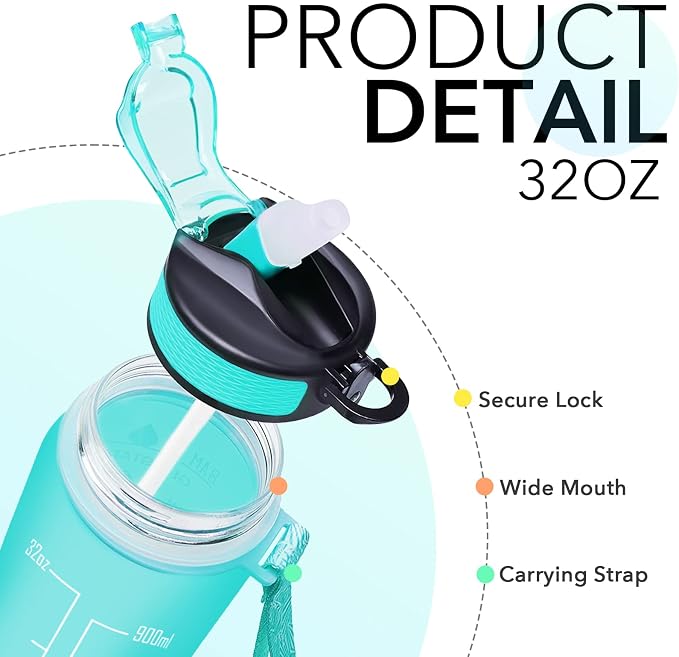 Hyeta Water Bottle with Straw & Time Marker, Plastic 32oz Leakproof | Motivational Tritan BPA Free Gym Office Outdoor Intake Tracker Hourly Reminder Straw Lid Carry Strap