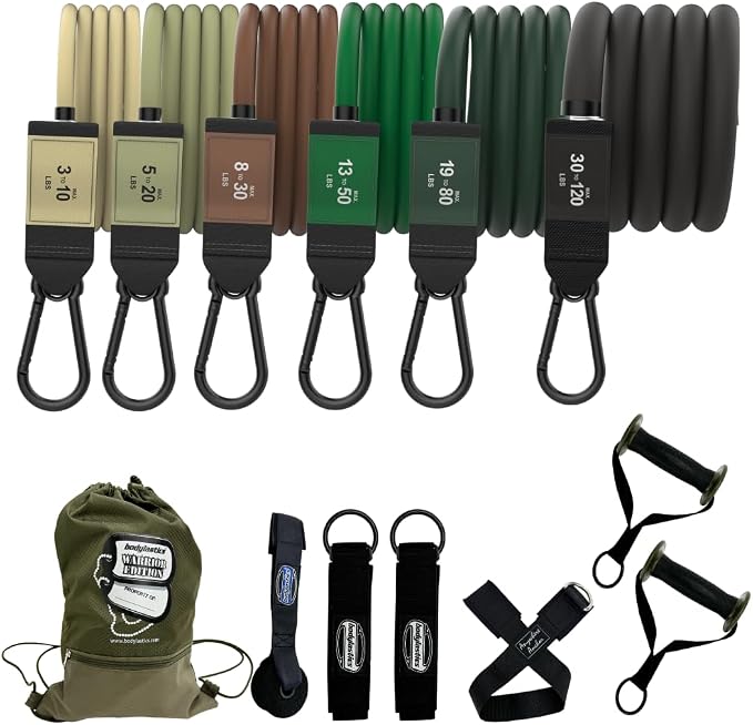 Bodylastics Patented Basic Series Resistance Band Set - Resistance Bands with Snap Reduction Tech, 2 Handles, 2 Ankle Straps, 1 Door Anchor & 1 Carry Bag