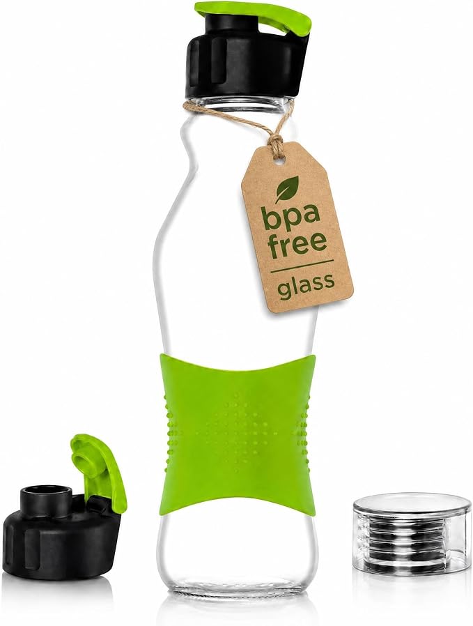 Consol Glass Gym Water Bottle - Grip & Go Active Sports Bottle With Non-Slip Silicone Sleeve, Ergo Design For Easy Hold & Flip Top Lid (Green, 17oz)