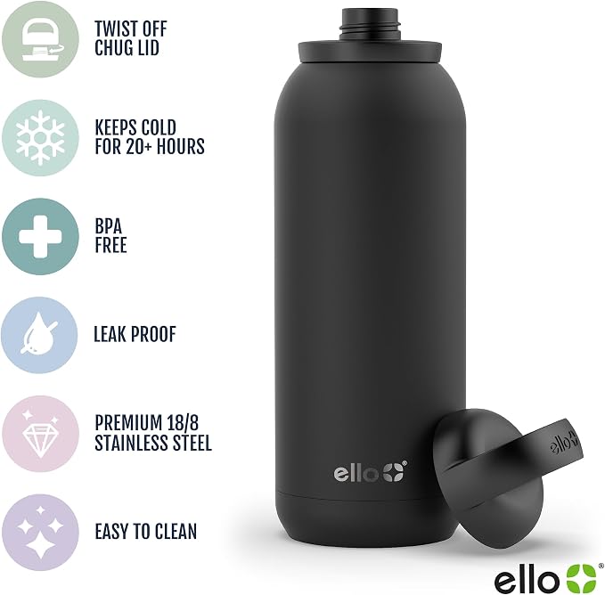 Ello Cooper Twist 40oz Insulated Stainless Steel Chug Water Bottle, Halogen Blue