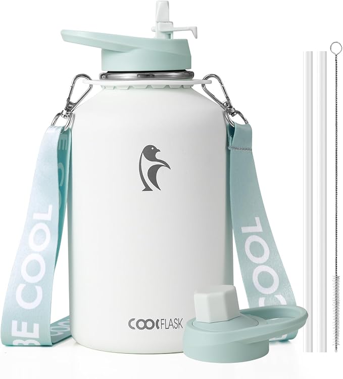 Coolflask Half Gallon Water Bottle Insulated Stainless Steel with Strap | 64 oz Large Water Jug with Straw & Spout Lids,Triple-Wall, Cold 48+h,Dishwasher Safe, Leakproof, BPA-Free,for Gym & Hiking