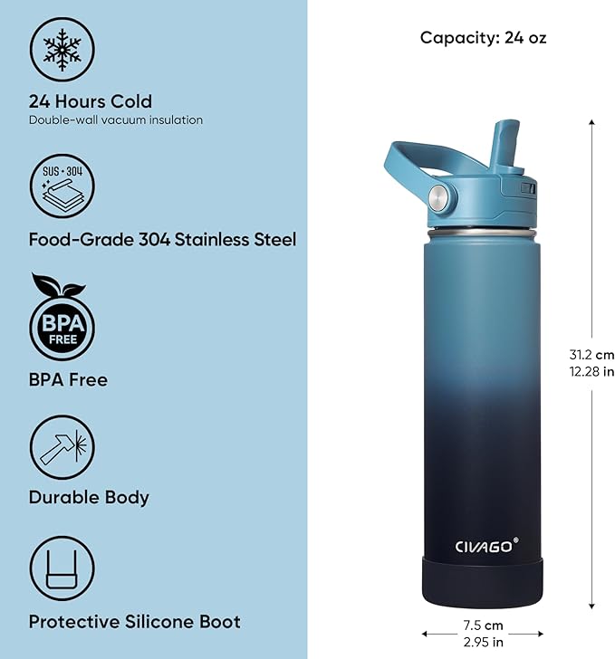 CIVAGO 24 oz Insulated Stainless Steel Water Bottle with Removable Straw | Large Leakproof Metal Water Jug, Sports Thermal Flask Cup with Bucket Handle, Silicone Boot, Dishwasher Safe,Indigo Black
