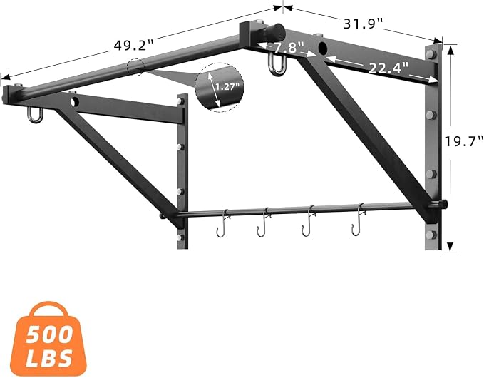 Wall Mounted Pull Up Bar with 500LBS Capacity for Gym Home | Adjustable Depth, 4 Hooks, Heavy Duty, Strength Training, Easy Install, Chin Up Bar for Doorway