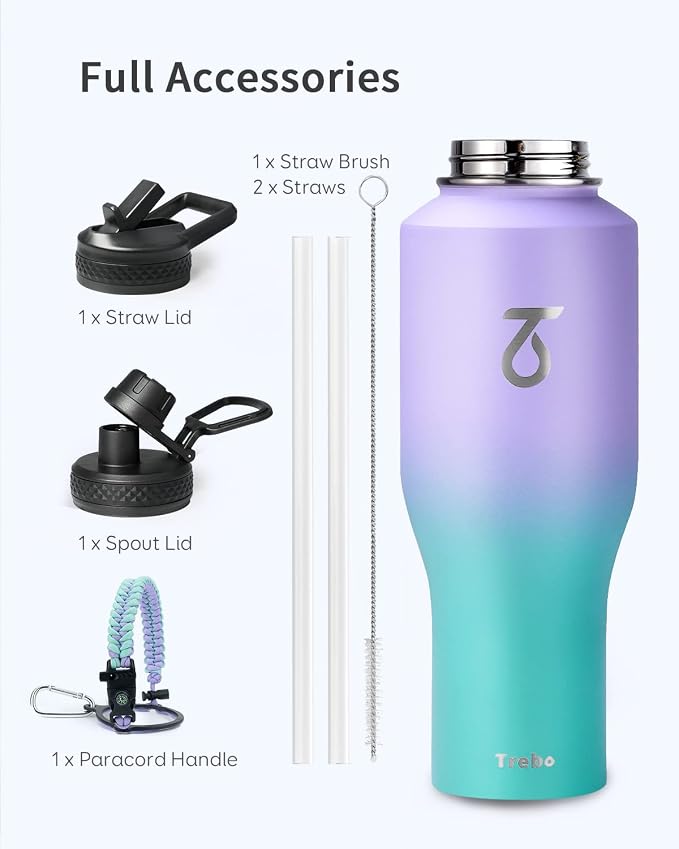 Trebo 40 oz Water Bottle Insulated Fit in Any Car Cup Holder with 2 Lids | Stainless Steel T-shape Tumbler with Paracord Handle, Triple Wall Vacuum Copper Plated, Cold 48 Hrs for Travel, Wide Mouth