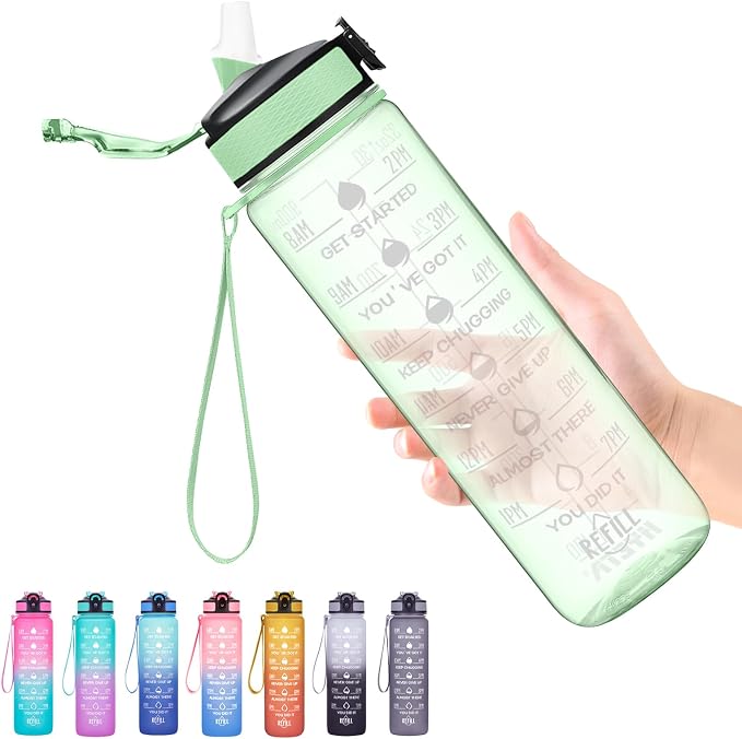 Hyeta Water Bottle with Straw & Time Marker, Plastic 32oz Leakproof | Motivational Tritan BPA Free Gym Office Outdoor Intake Tracker Hourly Reminder Straw Lid Carry Strap