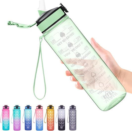 Hyeta Water Bottle with Straw & Time Marker, Plastic 32oz Leakproof | Motivational Tritan BPA Free Gym Office Outdoor Intake Tracker Hourly Reminder Straw Lid Carry Strap