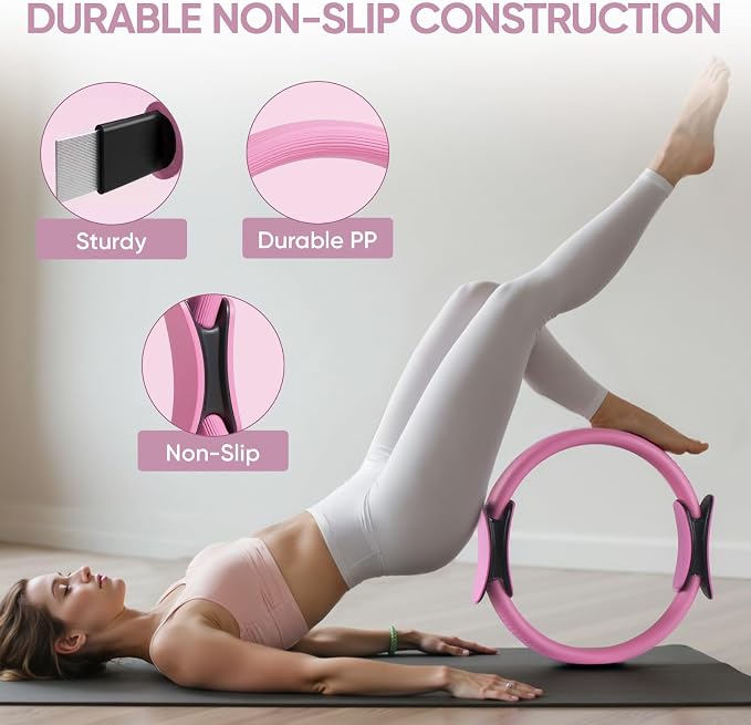 Home Pilates Ring and Ball Set for Women with 5 Resistance Bands 13 inch Magic Circle Workout Starter Kit for Beginners Full Body Toning 15 Min Daily Routine