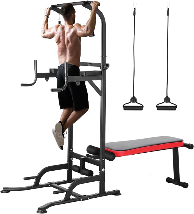 Multi-Function Power Tower with Folding Bench 4 Training Ropes | Pull Up Bar Stand with Adjustable Heights and Angles, Heavy-duty Frame, 400LBS Capacity, Home Gym Full-body Strength Training